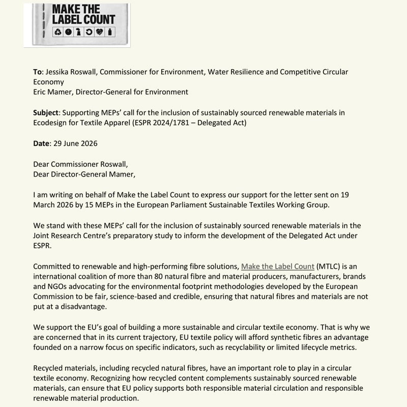 Supporting MEPs’ Call for the Inclusion of Sustainably Sourced Renewable Materials (SSRMs) in Ecodesign for Textile Apparel